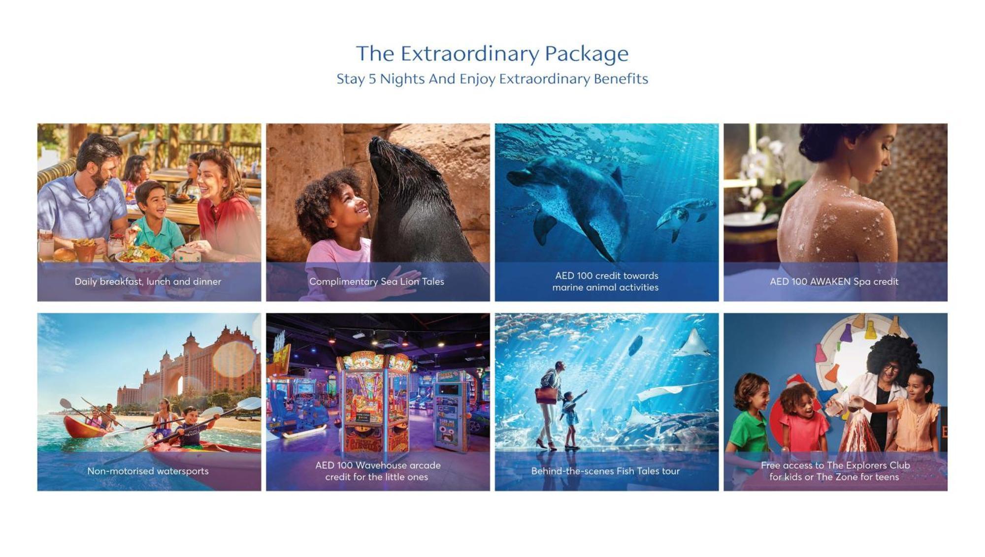 Hotel Atlantis, The Palm Dubai Esterno foto The image showcases a promotional offer called "The Extraordinary Package." It highlights a stay of five nights with various benefits. 

1. **Top left:** A family enjoying a playful moment at a theme park.
2. **Top center:** A child interacting with 